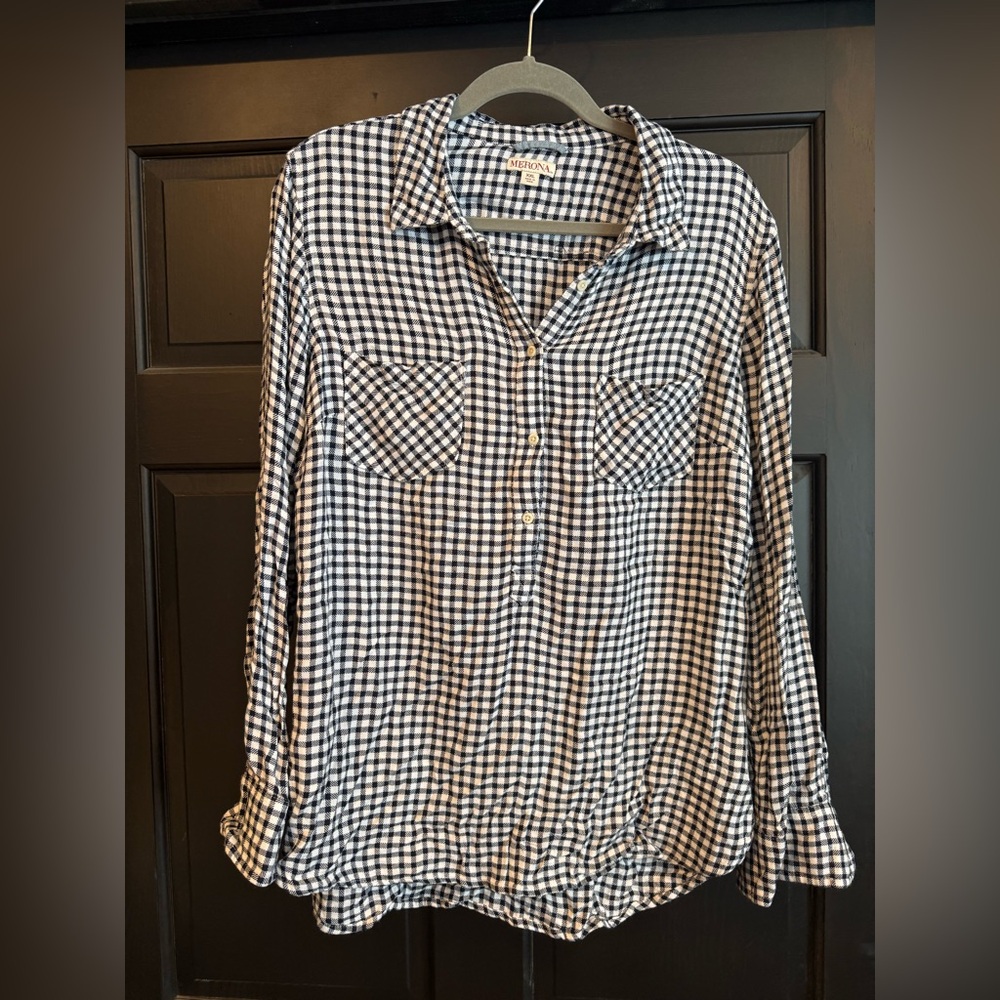 Women’s Merona Black & White Checkered Half Button Down Shirt, XXL